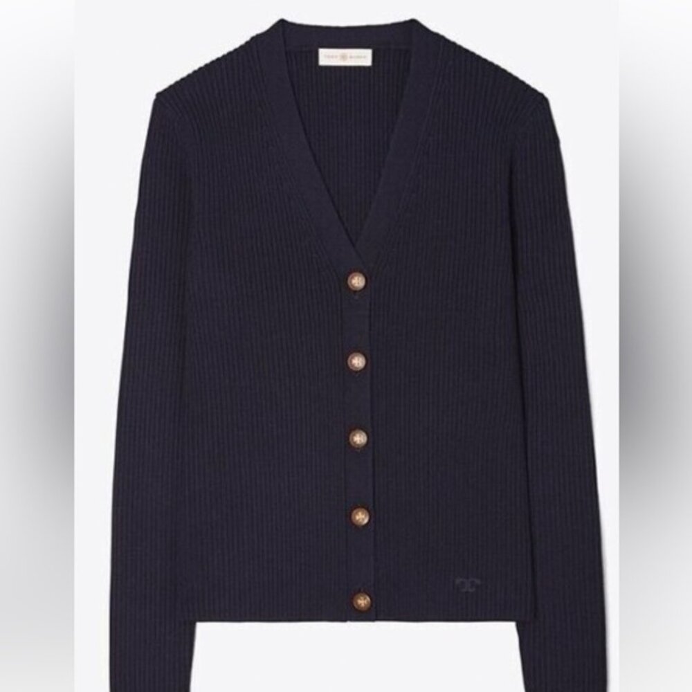 NWT Tory Burch ribbed Merino Wool cardigan in Navy size Medium
